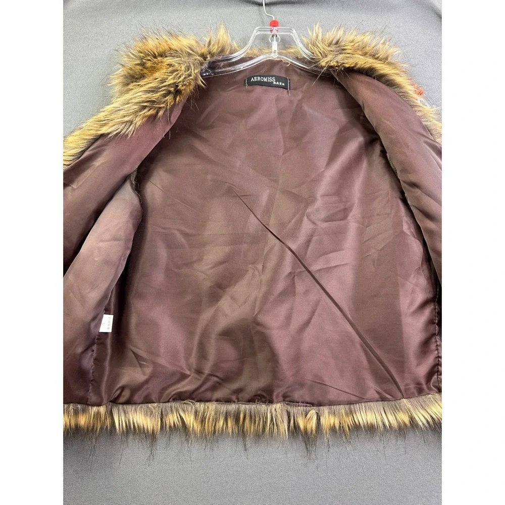 Aeromiss Brown Faux Fur Vest Open Front Sleeveless Jacket Women's Large L